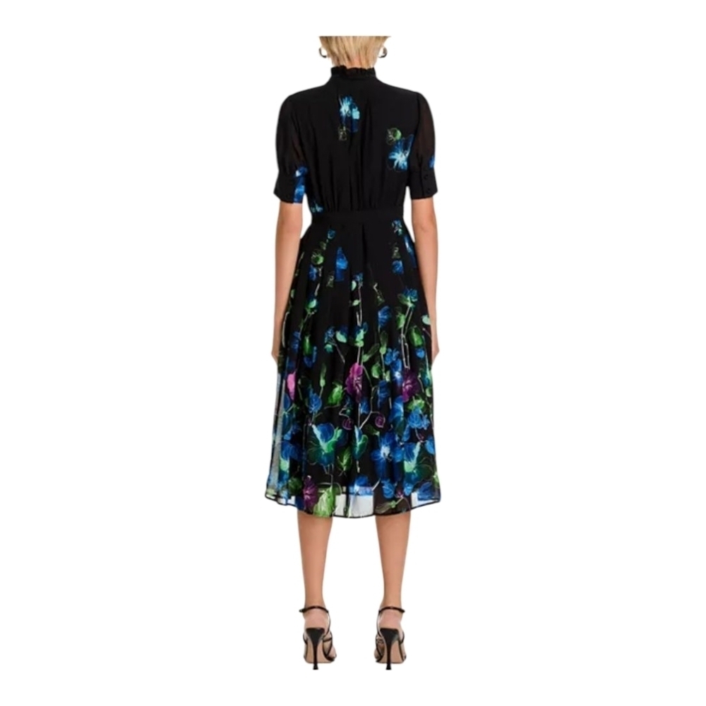 Gracia Womens Maxi Dress Black Size L Blue Purple Floral Belted Fit & Flare - Picture 2 of 13